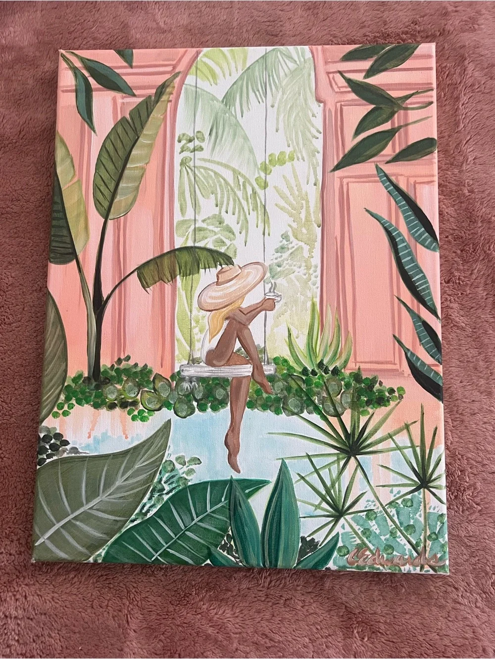 Pink Tropical Window Canvas Oil Painting Print with Green Foliage